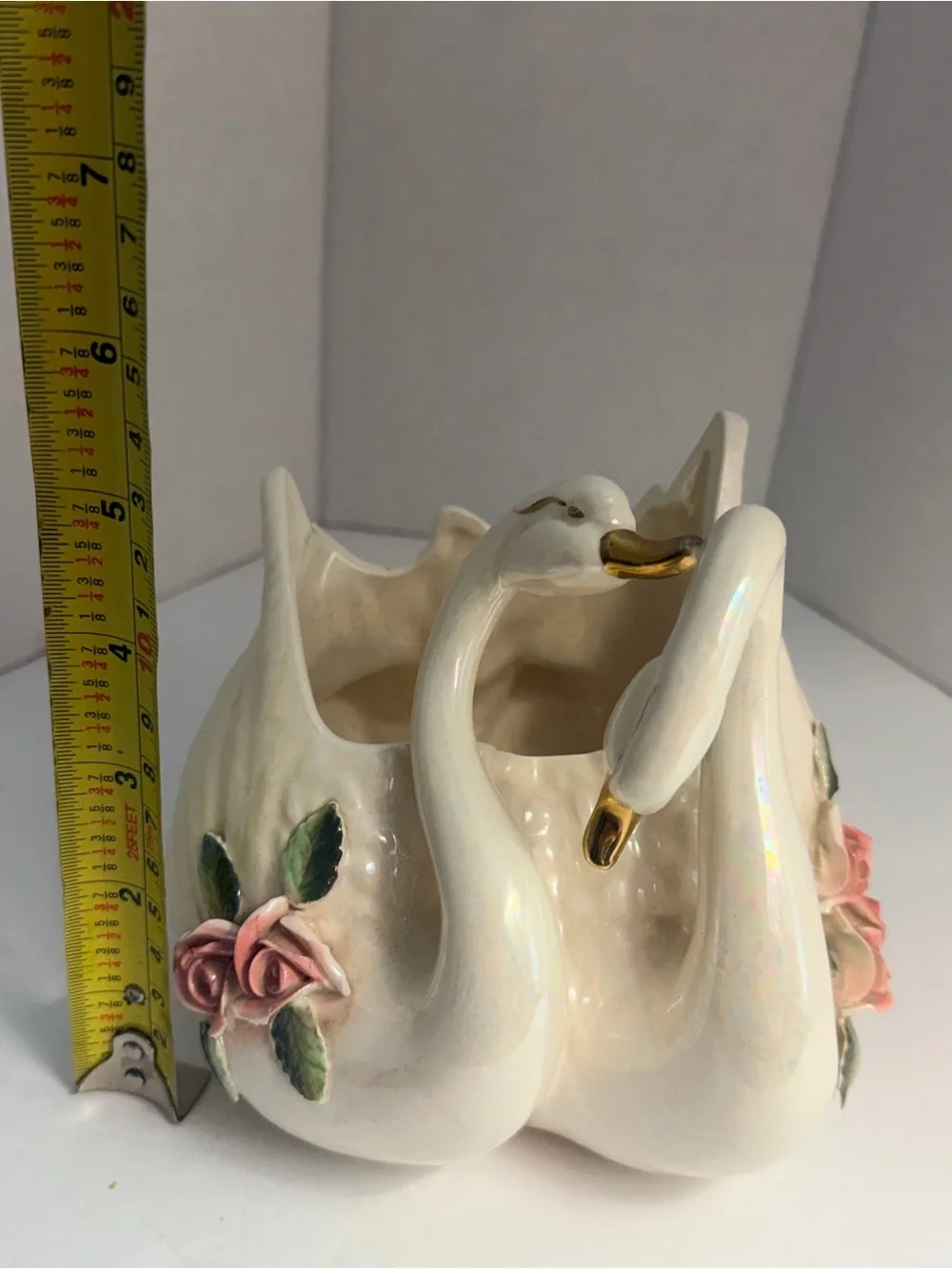 Porcelain Swan Planter with Pink Roses and Gold Accents - Picture 2 of 7